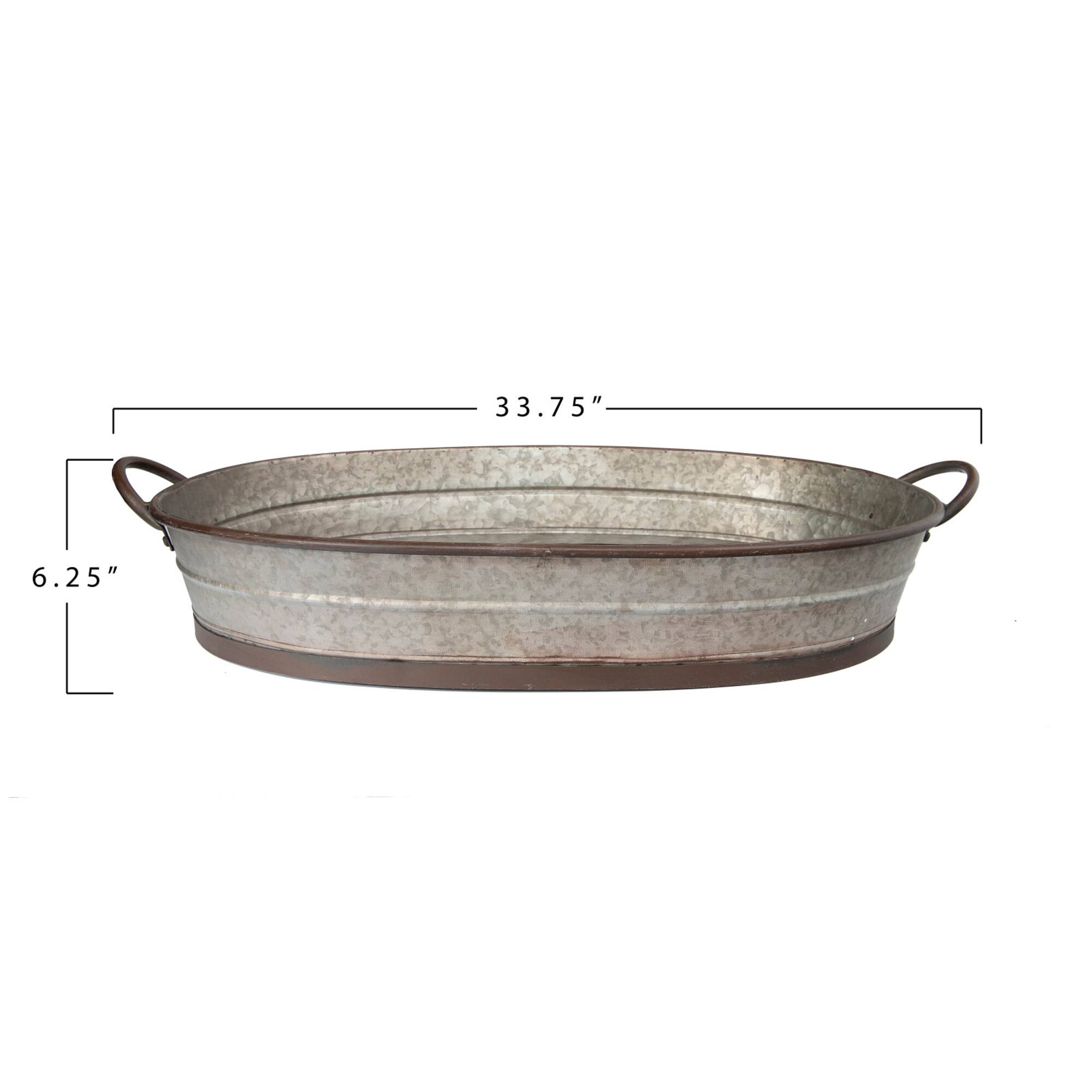 Hello Honey® 34'' Gray Oval Distressed Galvanized Metal Tray with Handles